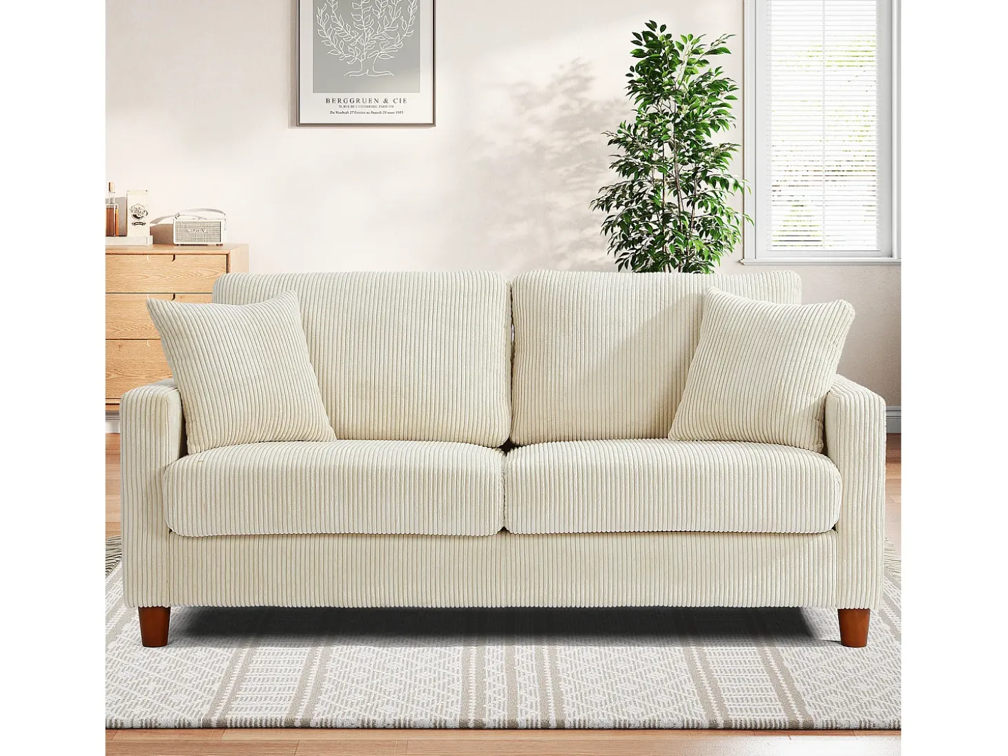 Sofá de veludo cotelê de 2 lugares, Sofá estofado moderno reto grande com assentos extra profundos 56cm - 2 almofadas - 178x76x89cm - Bege