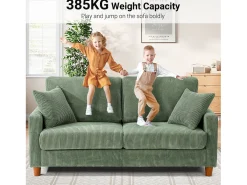 Sofá de veludo cotelê de 2 lugares, Sofá estofado moderno reto grande com assentos extra profundos 56cm - 2 almofadas - 178x76x89cm - Verde