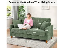 Sofá de veludo cotelê de 2 lugares, Sofá estofado moderno reto grande com assentos extra profundos 56cm - 2 almofadas - 178x76x89cm - Verde