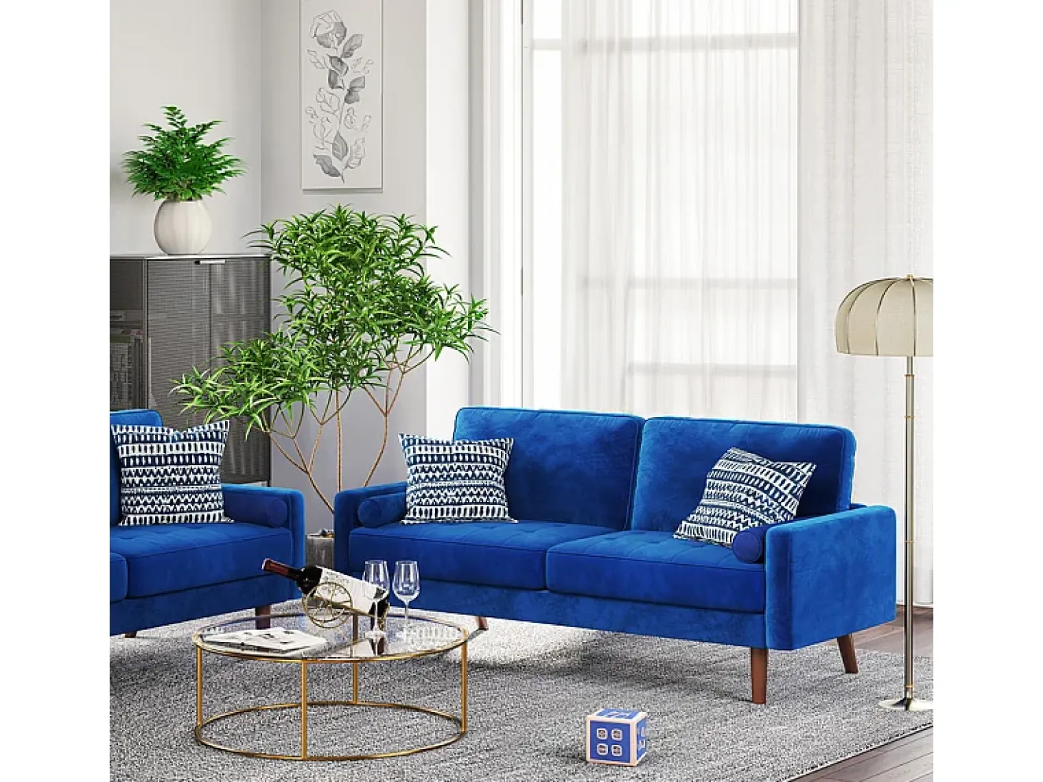 Sofá de veludo direito azul e madeira maciça - 3 lugares - carga máxima 300kg - 176x78x85cm