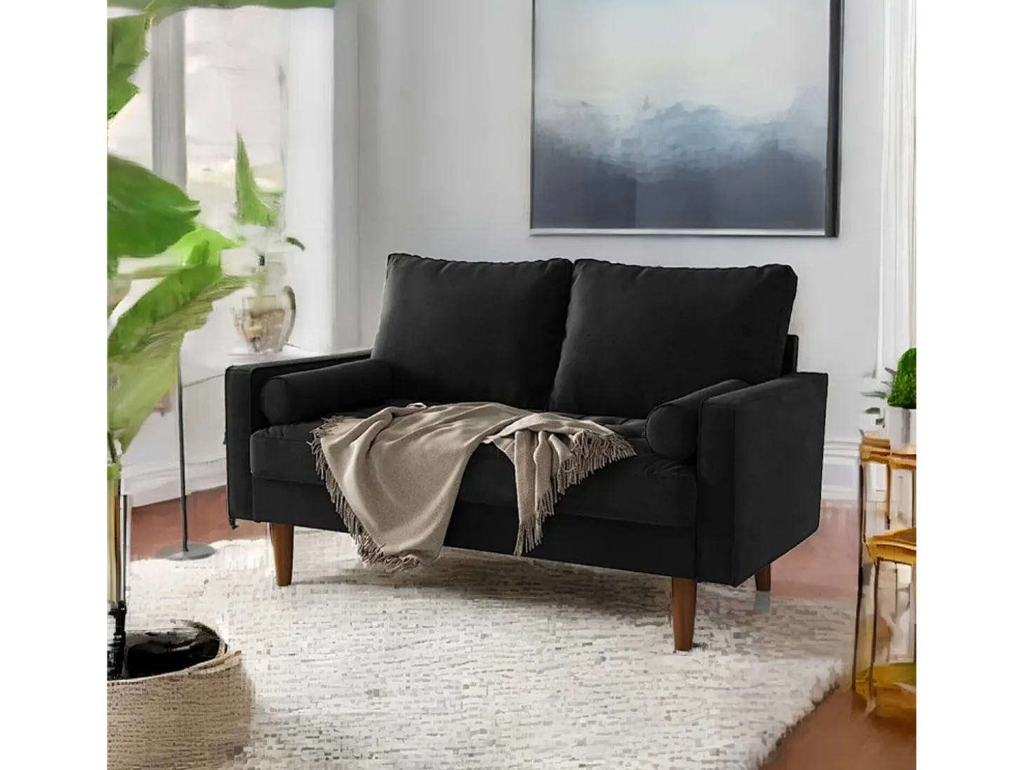 Sofá de veludo preto de 2 - sofá, sofá moderno da sala de estar, com apoios de braços cônicos e pés, uma parte de baixo - 148,5x78x85cm