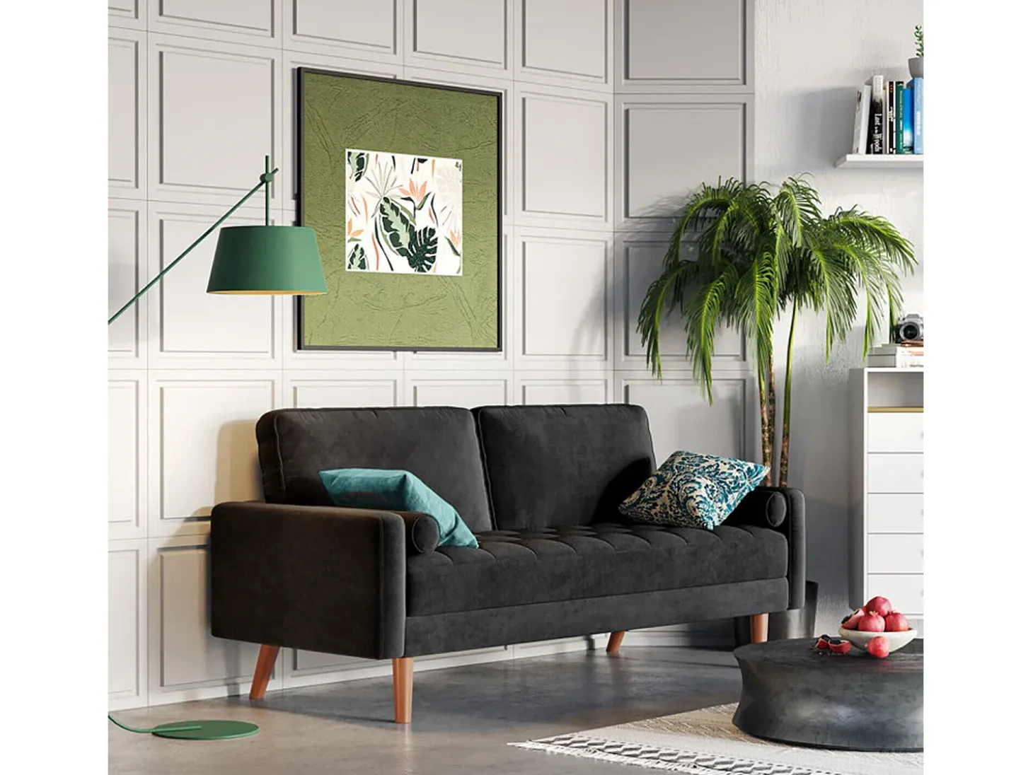 Sofá de veludo preto de 2 - sofá, sofá moderno da sala de estar, com apoios de braços cônicos e pés, uma parte de baixo - 148,5x78x85cm