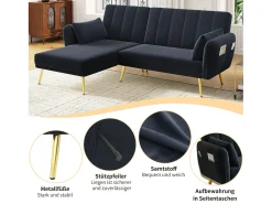 Sofá dobrável de 3 lugares - 191,5 x 130 x 80 cm - sofá de canto com função de dormir - veludo - preto