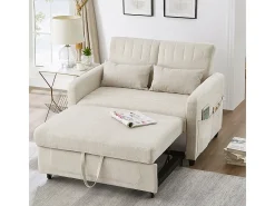Sofá dobrável de dois lugares, design dobrável, costas ajustáveis, tecido de algodão e linho, bege