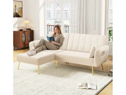 Sofá dobrável moderno - Sofá em L - Sofá-cama com canto adicional - bege