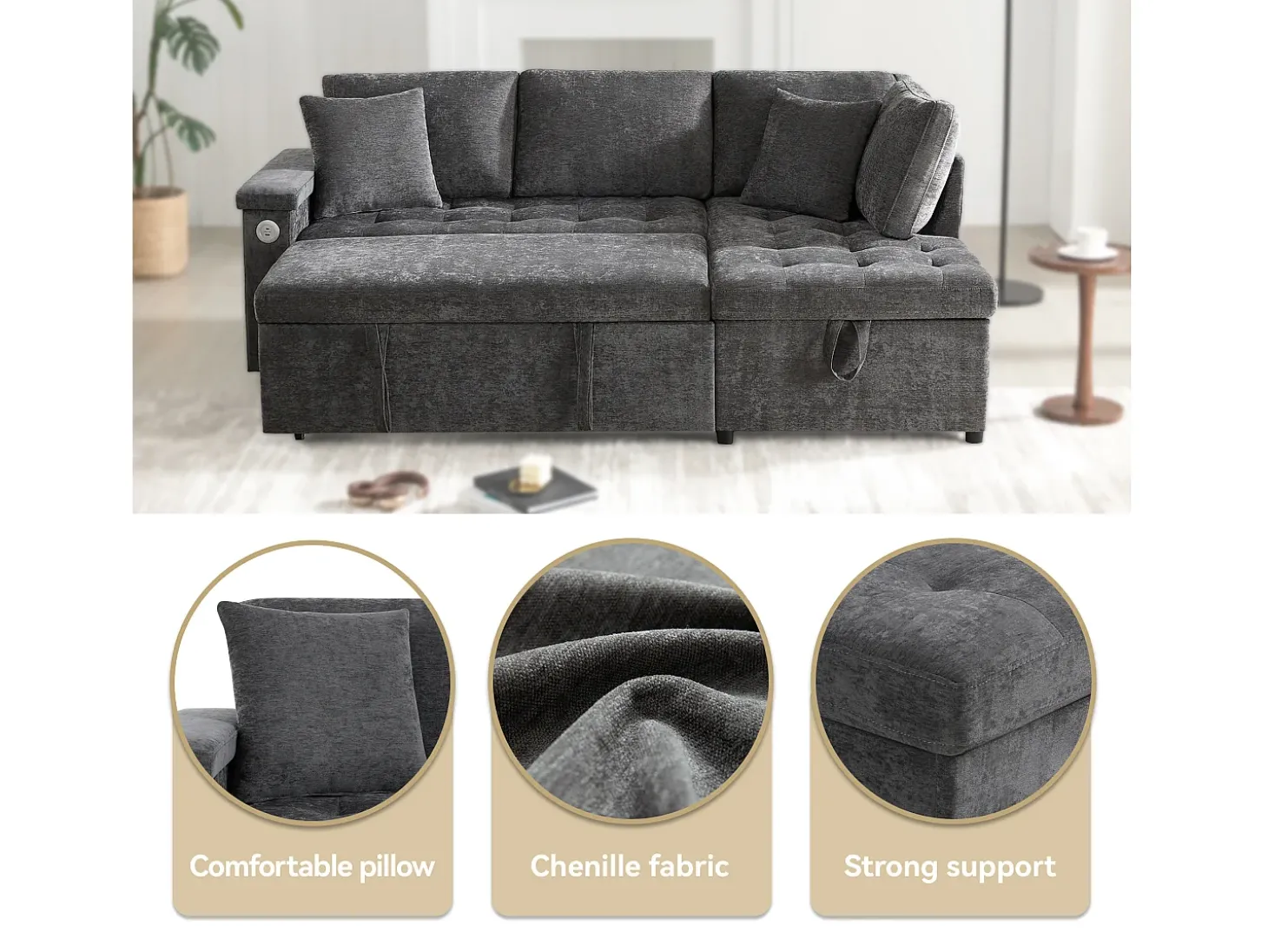 Sofá em L com sofá-cama arquivado - com espaço de armazenamento - carregamento USB - 2 almofadas - Cinza