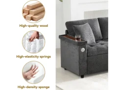 Sofá em L com sofá-cama arquivado - com espaço de armazenamento - carregamento USB - 2 almofadas - Cinza