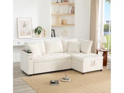 Sofá em L com sofá-cama arquivado - com espaço de armazenamento - carregamento USB - 2 almofadas - Bege