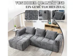 Sofá em L de 3 lugares - 250 x 158 x 60 cm - com chaise longue + braços + 3 almofadas - Chenille - cinza
