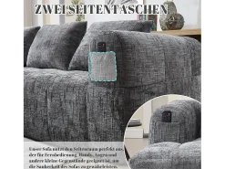 Sofá em L de 3 lugares - 250 x 158 x 60 cm - com chaise longue + braços + 3 almofadas - Chenille - cinza
