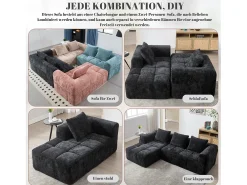 Sofá em L de 3 lugares - 250 x 158 x 60 cm - com chaise longue + braços + 3 almofadas - Chenille - preto