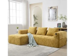 Sofá em L de 3 lugares - 250 x 158 x 60 cm - com chaise longue + braços + 3 almofadas - Chenille - amarelo