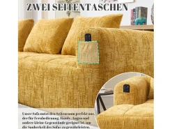 Sofá em L de 3 lugares - 250 x 158 x 60 cm - com chaise longue + braços + 3 almofadas - Chenille - amarelo