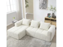Sofá em L de 3 lugares - 250 x 158 x 60 cm - com chaise longue + braços + 3 almofadas - Chenille - bege
