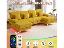 Sofá em U - 265 x 135 x 88 cm - com LEDs + porta USB-C + 4 almofadas - veludo - amarelo