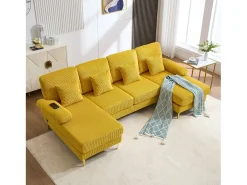 Sofá em U - 265 x 135 x 88 cm - com LEDs + porta USB-C + 4 almofadas - veludo - amarelo