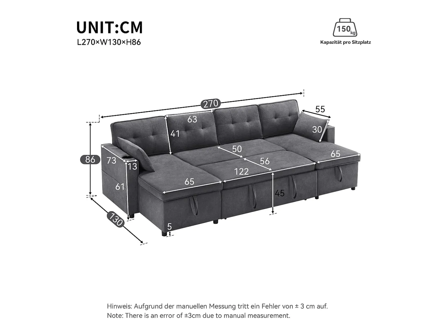 Sofá em U 270x130x86 cm - Sofá acolchoado - Tecido de algodão e linho - Com porta-copos - Dois compartimentos de arrumação - Cinza
