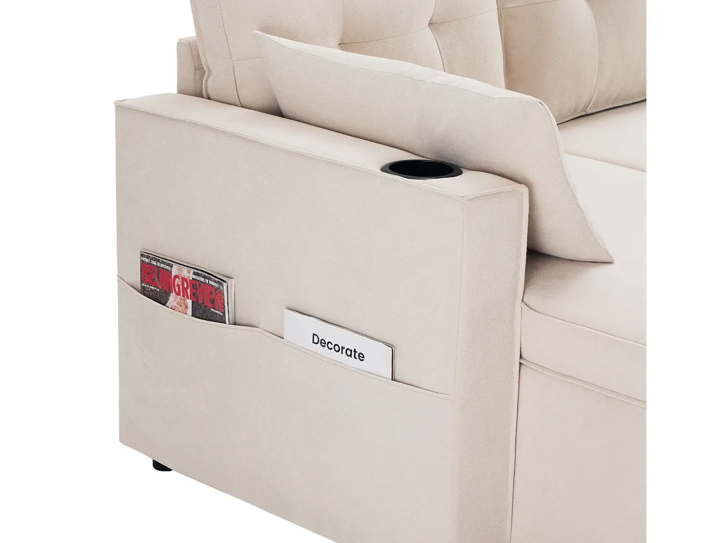 Sofá em U 270x130x86 cm - Sofá acolchoado - Tecido de algodão e linho - Com porta-copos - Dois compartimentos de arrumação - bege