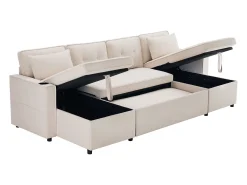Sofá em U 270x130x86 cm - Sofá acolchoado - Tecido de algodão e linho - Com porta-copos - Dois compartimentos de arrumação - bege