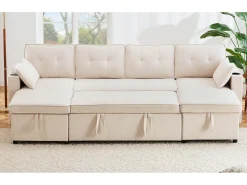 Sofá em U 270x130x86 cm - Sofá acolchoado - Tecido de algodão e linho - Com porta-copos - Dois compartimentos de arrumação - bege