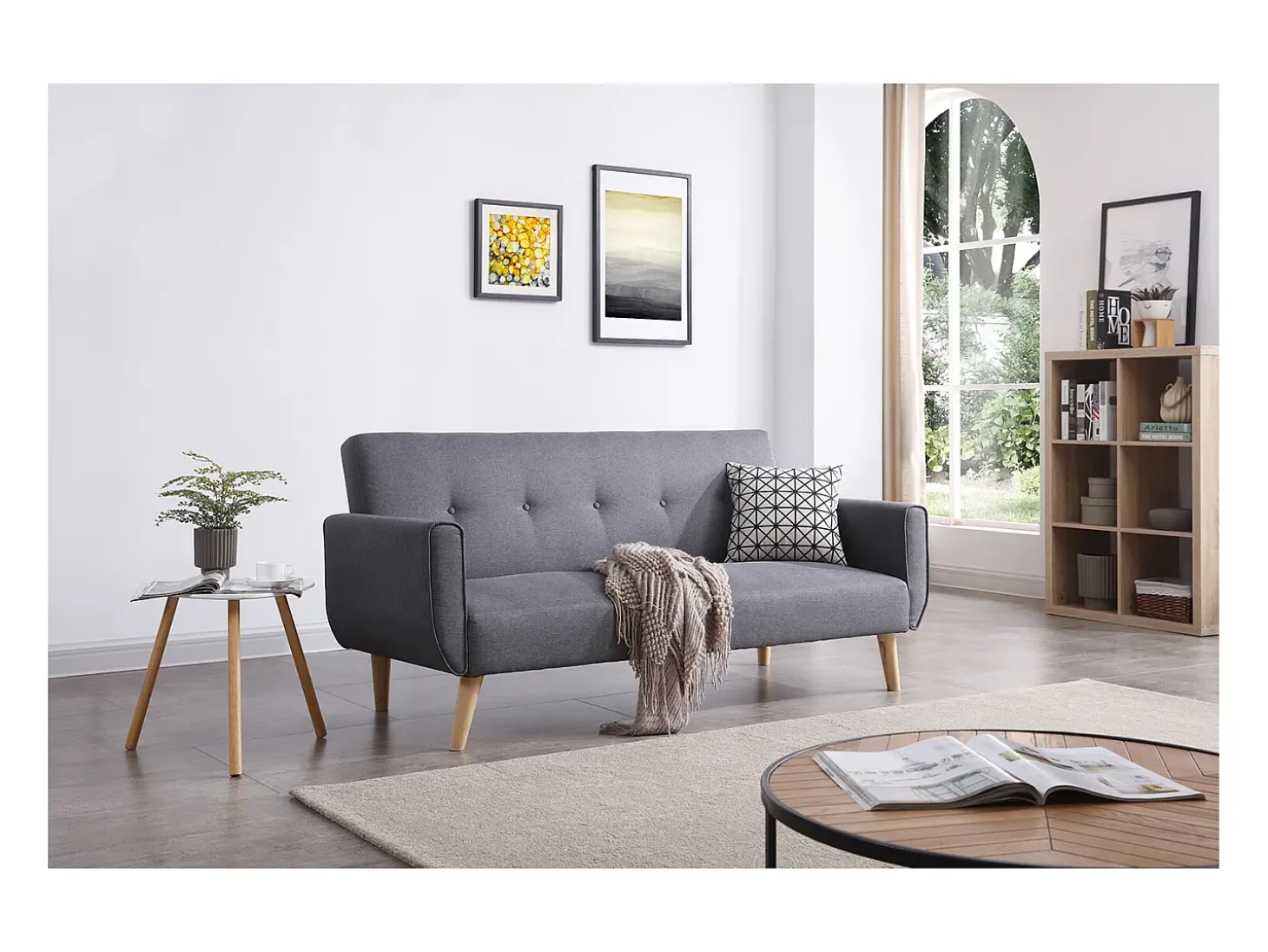 Sofá escandinavo conversível de 3 lugares cinza MALMO - Estilo Escandinavo, Pés em Madeira, Conversível em Cama