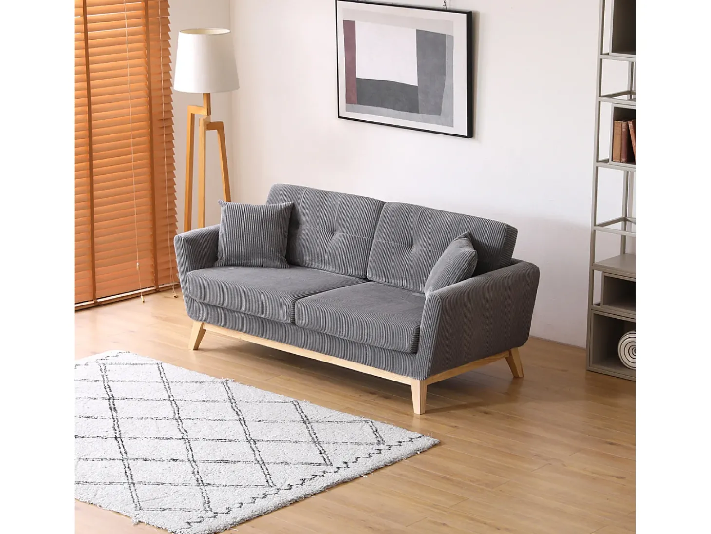 Sofá Escandinavo de 3 Lugares em Veludo Cotelê Cinza Claro HOGA - Estilo Nórdico, Confortável e Elegante