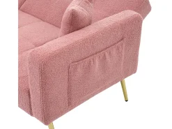 Sofá estofado com função de cama, ângulo regulável, pernas douradas com almofadas e bolsas de arrumação laterais