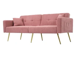 Sofá estofado com função de cama, ângulo regulável, pernas douradas com almofadas e bolsas de arrumação laterais
