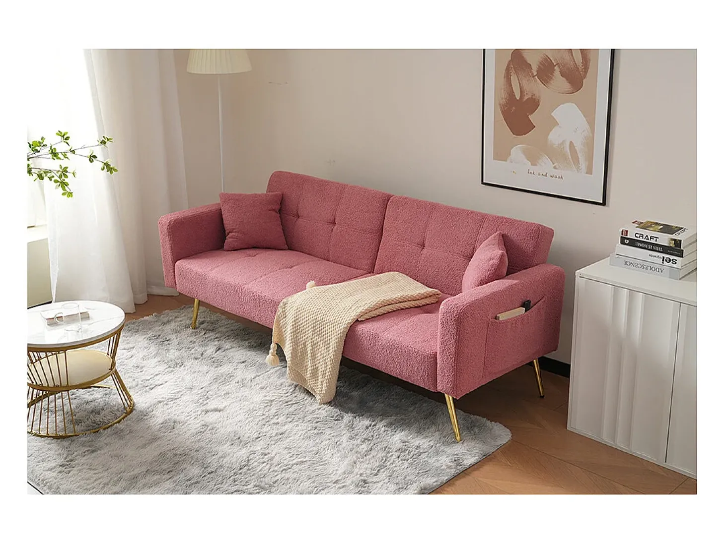 Sofá estofado com função de cama, ângulo regulável, pernas douradas com almofadas e bolsas de arrumação laterais