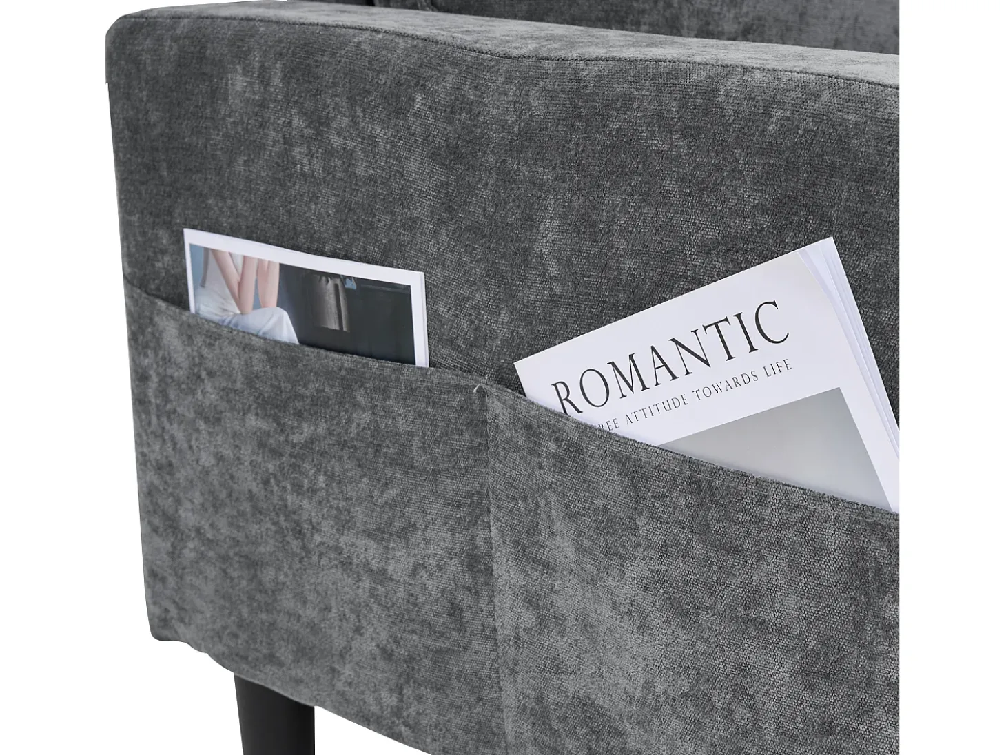 Sofá estofado em L de 3 lugares - 202 x 137 x 80 cm - com portas USB e Tipo C + 2 porta-copos - linho - cinza