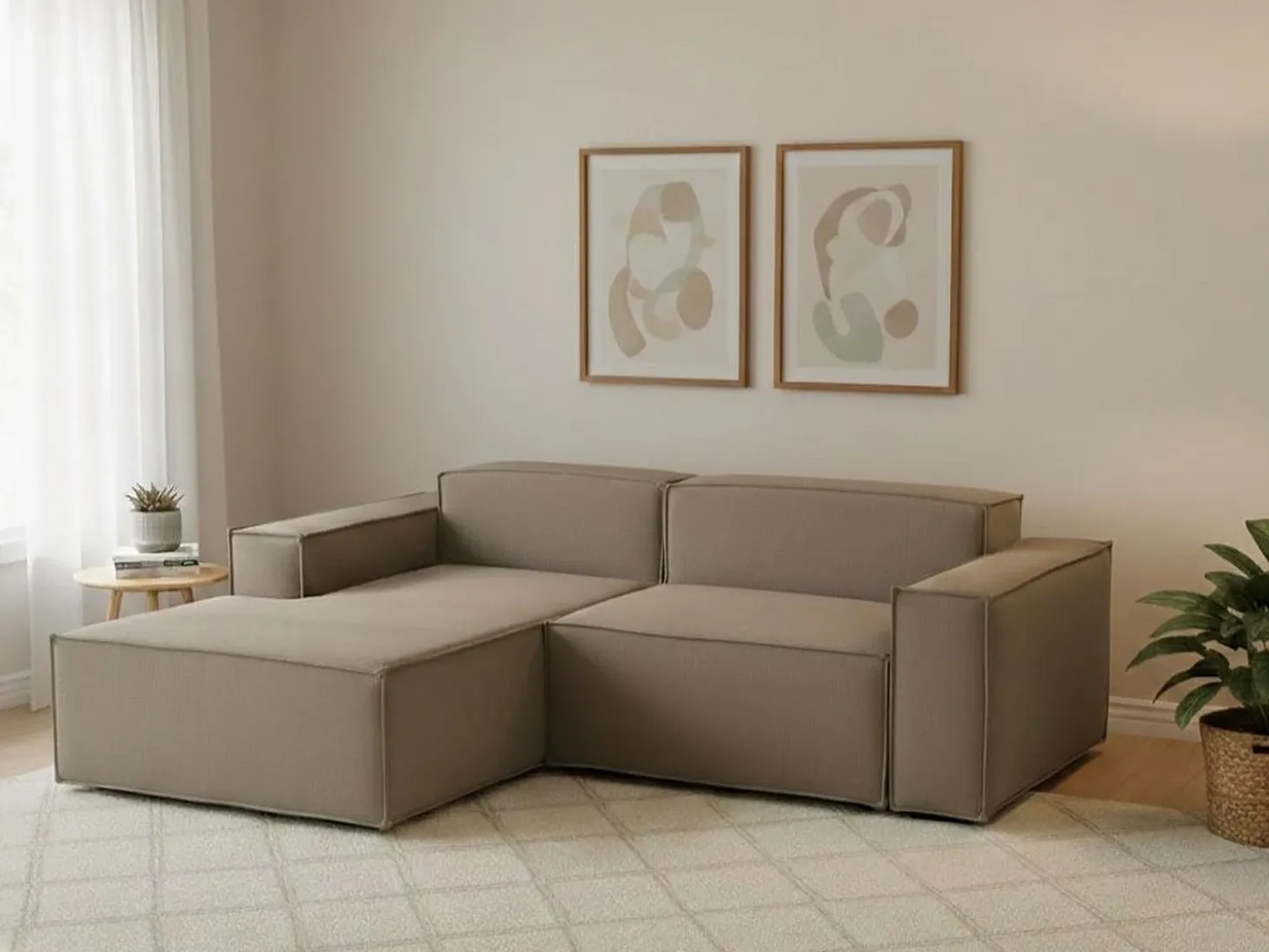 Sofá fixo Daniela, Sofá modular grande de 2 lugares com península esquerda, 100% Fabricado na Itália, Sofá de tecido moderno, 240x170h70 cm, Taupe