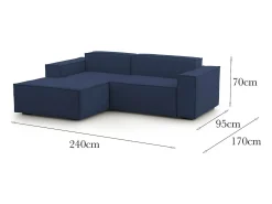 Sofá fixo Daniela, Sofá modular grande de 2 lugares com península esquerda, 100% Fabricado na Itália, Sofá de tecido moderno, 240x170h70 cm, Azul