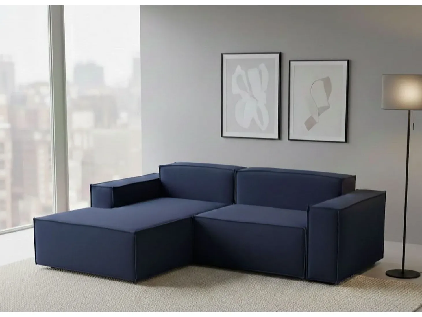 Sofá fixo Dcagnan, Sofá modular grande de 2 lugares com península esquerda, 100% Fabricado na Itália, Sofá de tecido moderno, 240x170h70 cm, Azul
