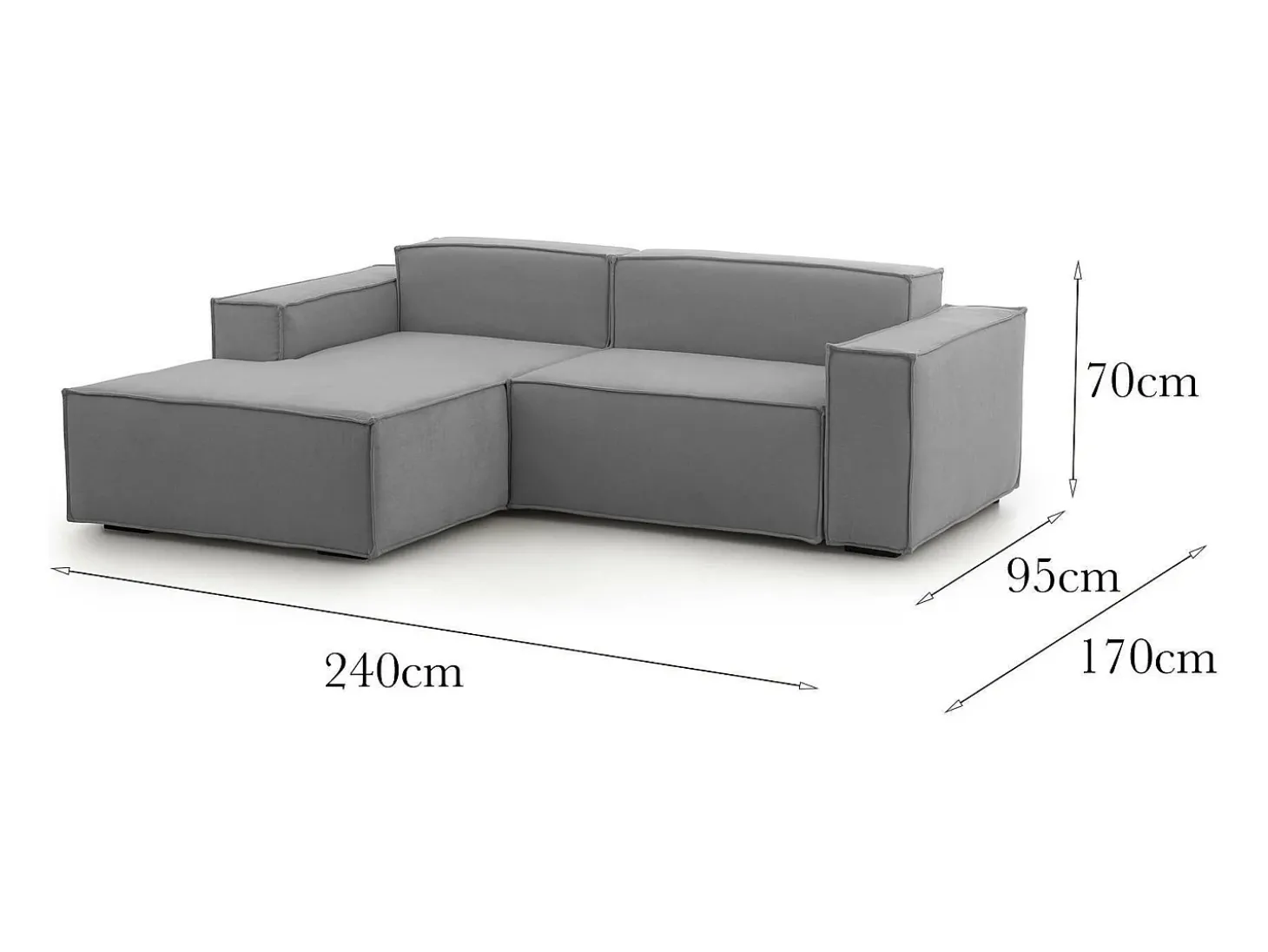 Sofá fixo Dcagnan, Sofá modular grande de 2 lugares com península esquerda, 100% Fabricado na Itália, Sofá de tecido moderno, 240x170h70 cm, Cinza