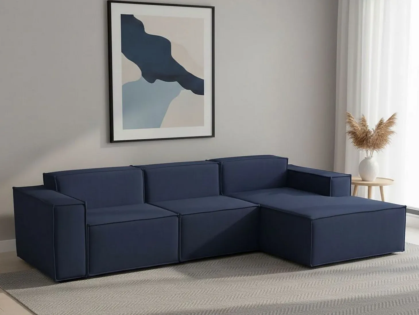 Sofá fixo Ddzek, sofá modular de 3 lugares com península direita, 100% Fabricado na Itália, Sofá de tecido moderno, 300x170h70 cm, Azul