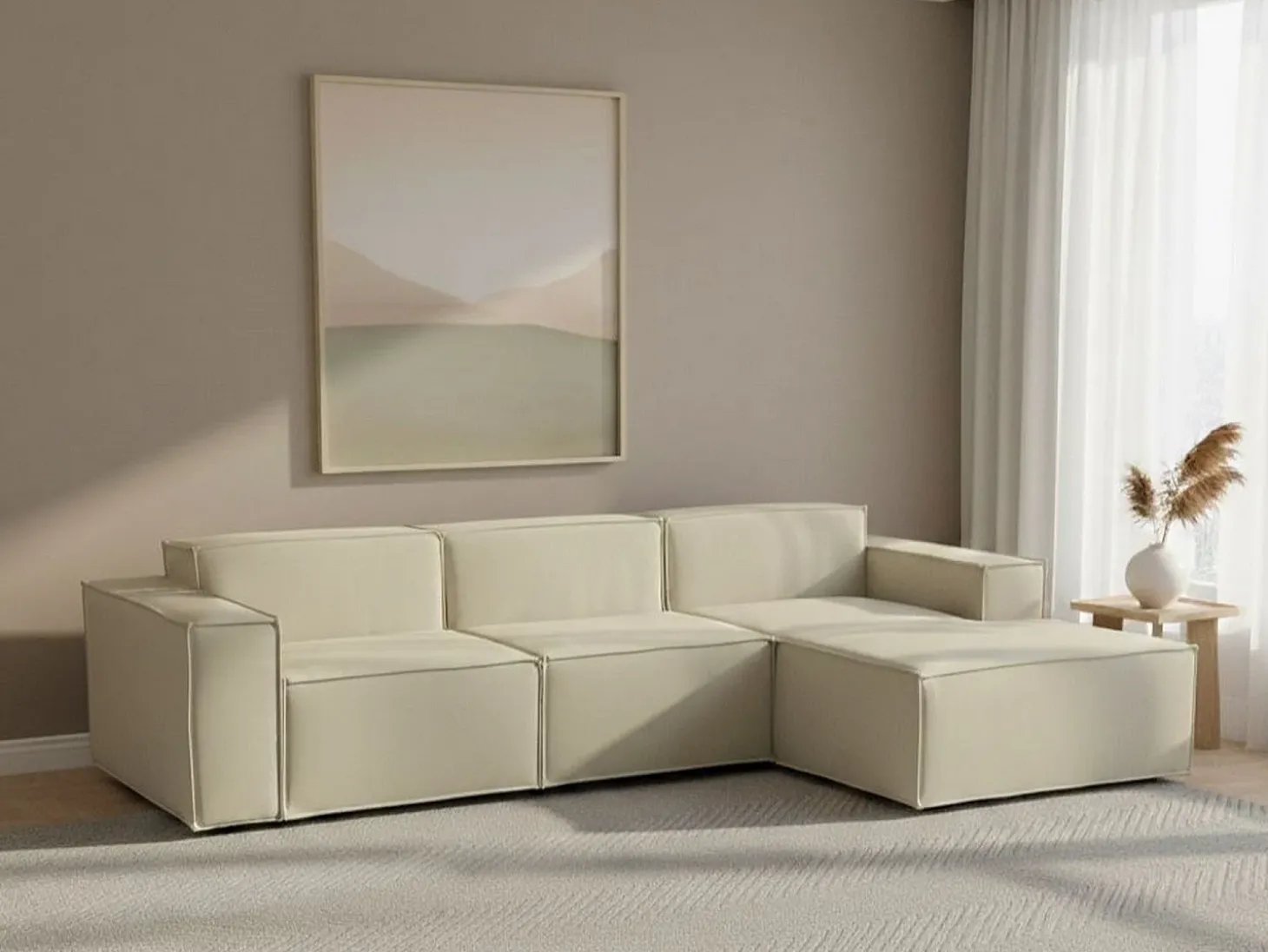Sofá fixo Ddzek, sofá modular de 3 lugares com península direita, 100% Fabricado na Itália, Sofá de tecido moderno, 300x170h70 cm, Bege