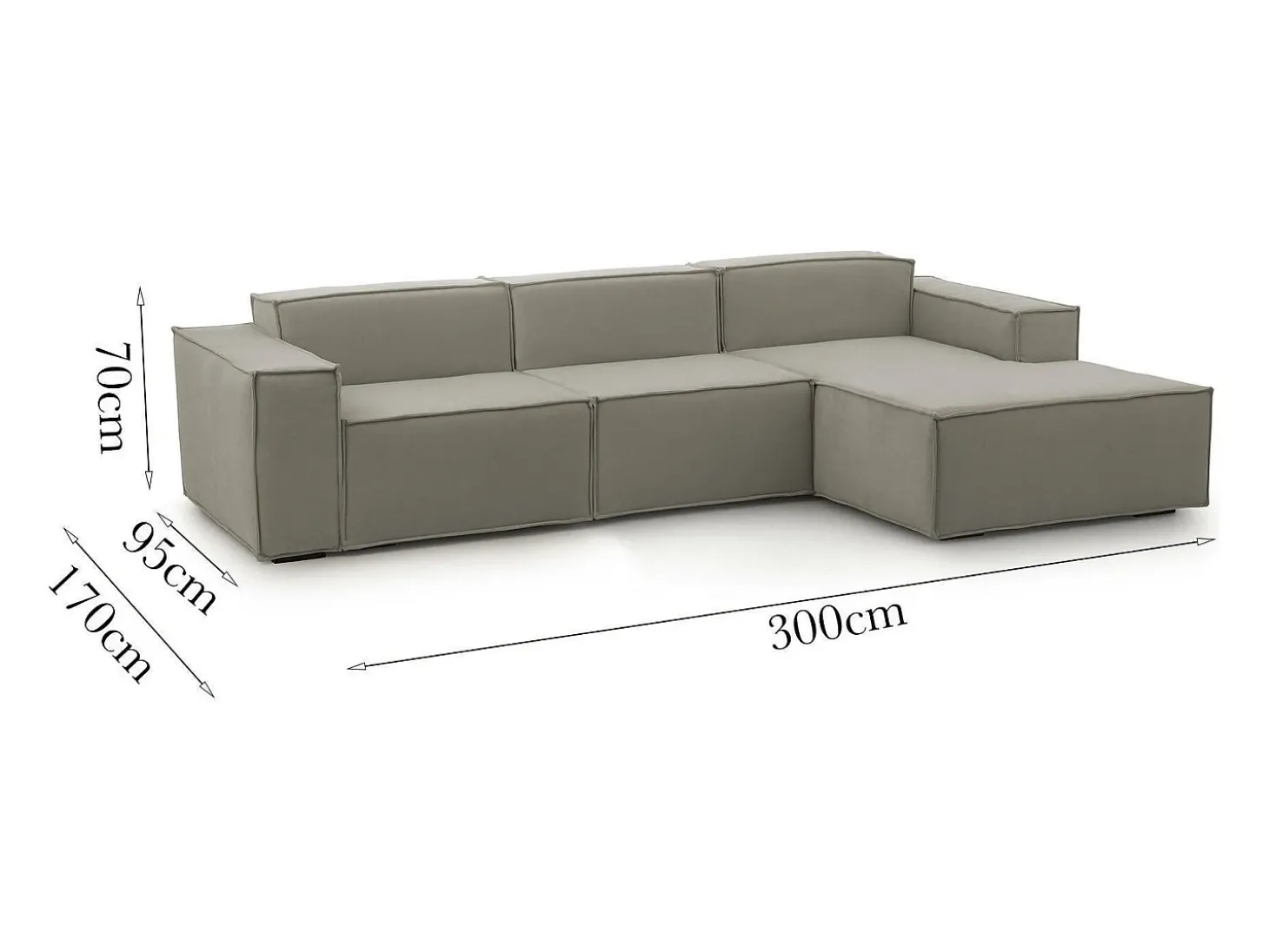 Sofá fixo Ddzek, sofá modular de 3 lugares com península direita, 100% Fabricado na Itália, Sofá de tecido moderno, 300x170h70 cm, Taupe