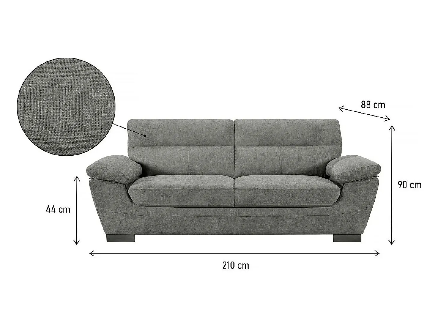 Sofá fixo de tecido "Dallas" - 210 X 88 X 90 cm - 3 lugares - Cinza
