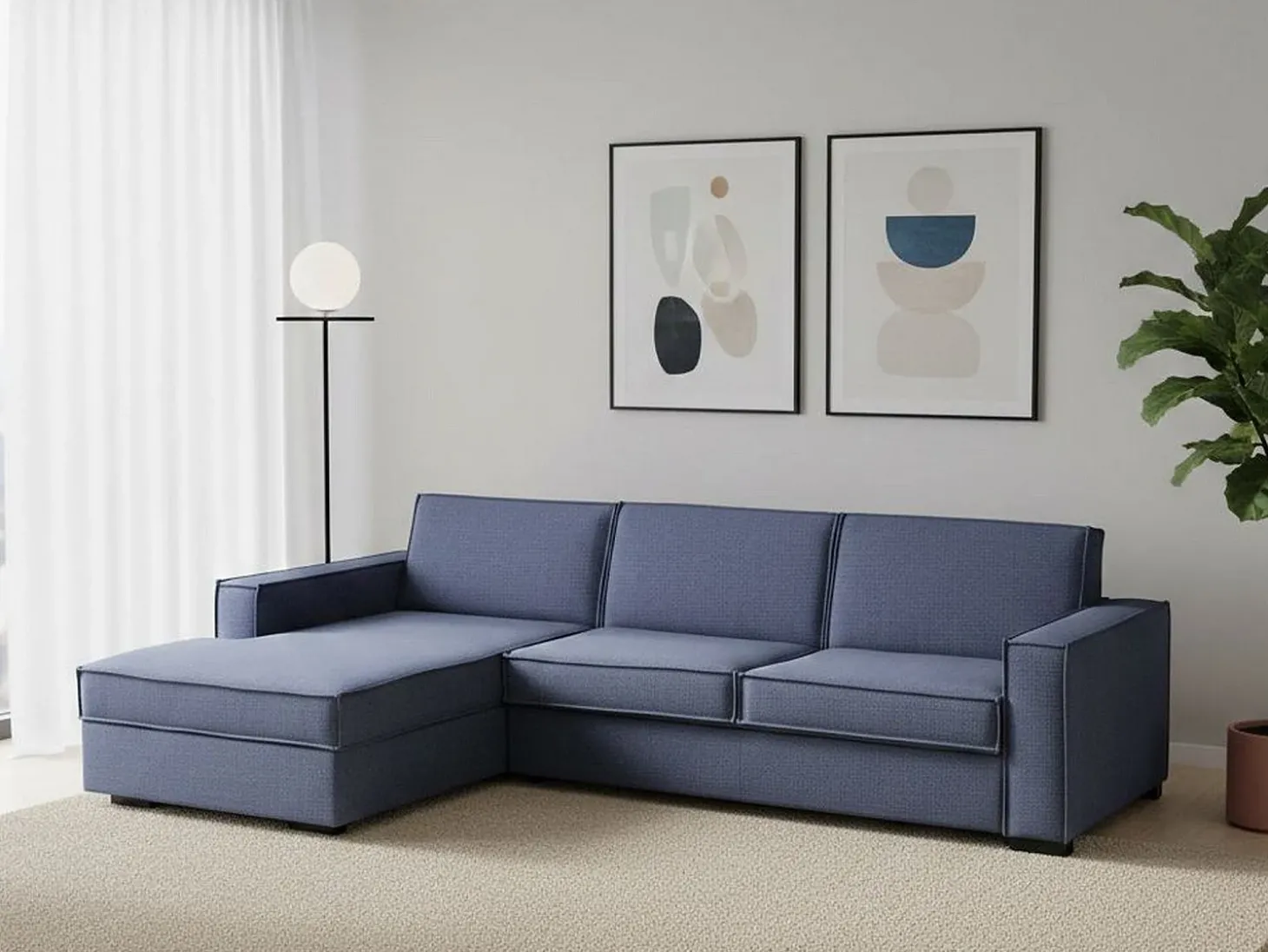 Sofá fixo Dfabbia, Sofá de canto, 100% Fabricado na Itália, Sofá da sala com, Península esquerda, com braços padrão, 280x95h90 cm, Azul