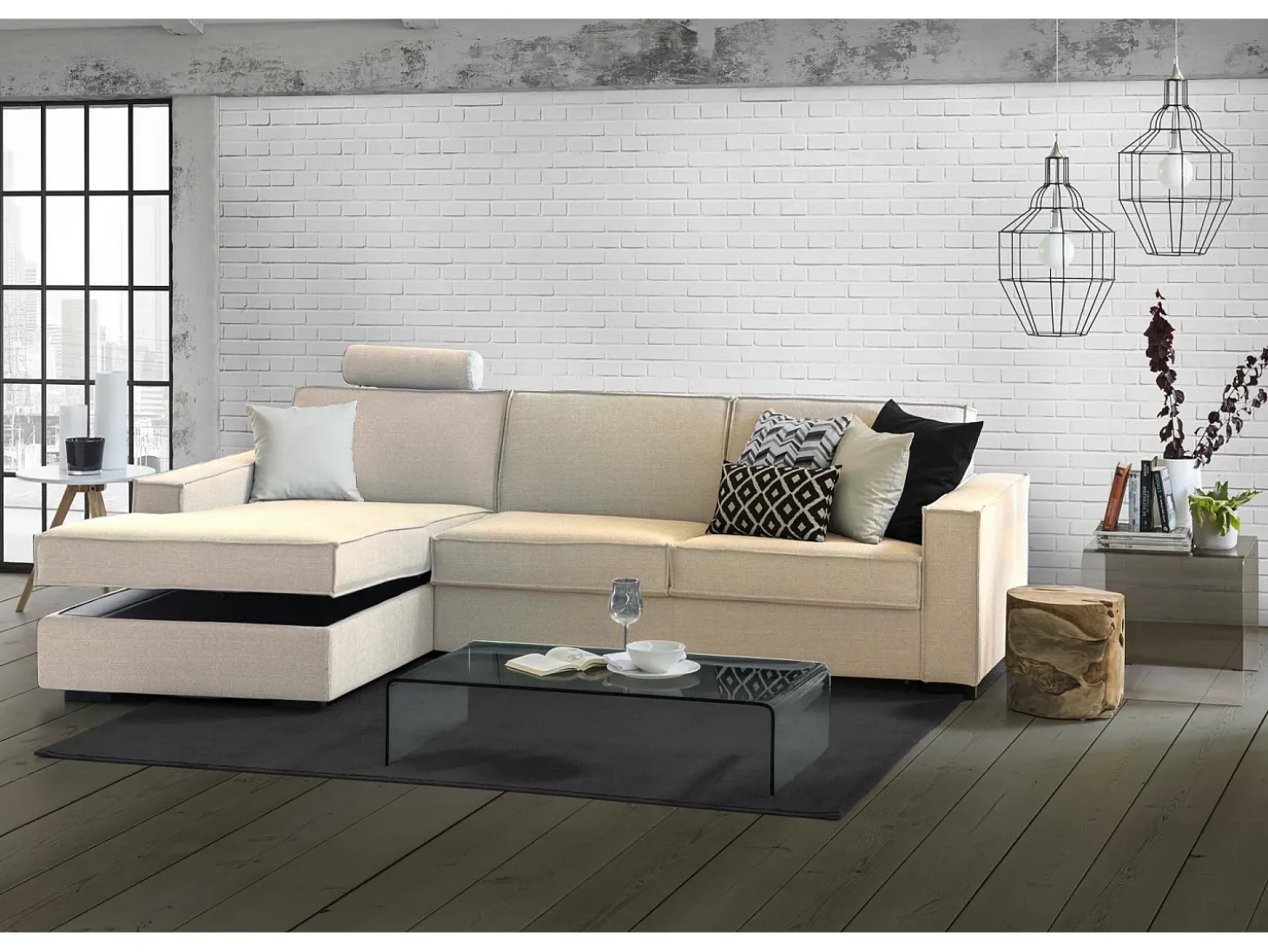 Sofá fixo Dfabbia, Sofá de canto, 100% Fabricado na Itália, Sofá da sala com, Península esquerda, com braços padrão, Cm 280x95h90, Bege