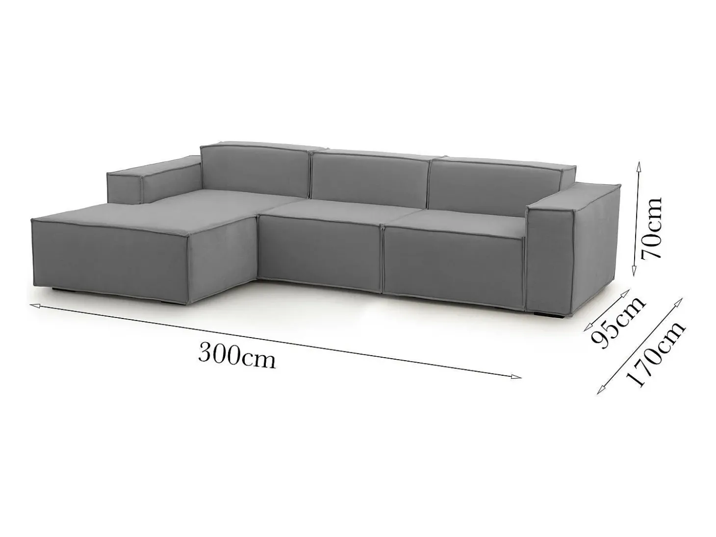 Sofá fixo Dflori, sofá modular de 3 lugares com península esquerda, 100% Fabricado na Itália, Sofá de tecido moderno, 300x170h70 cm, Cinza