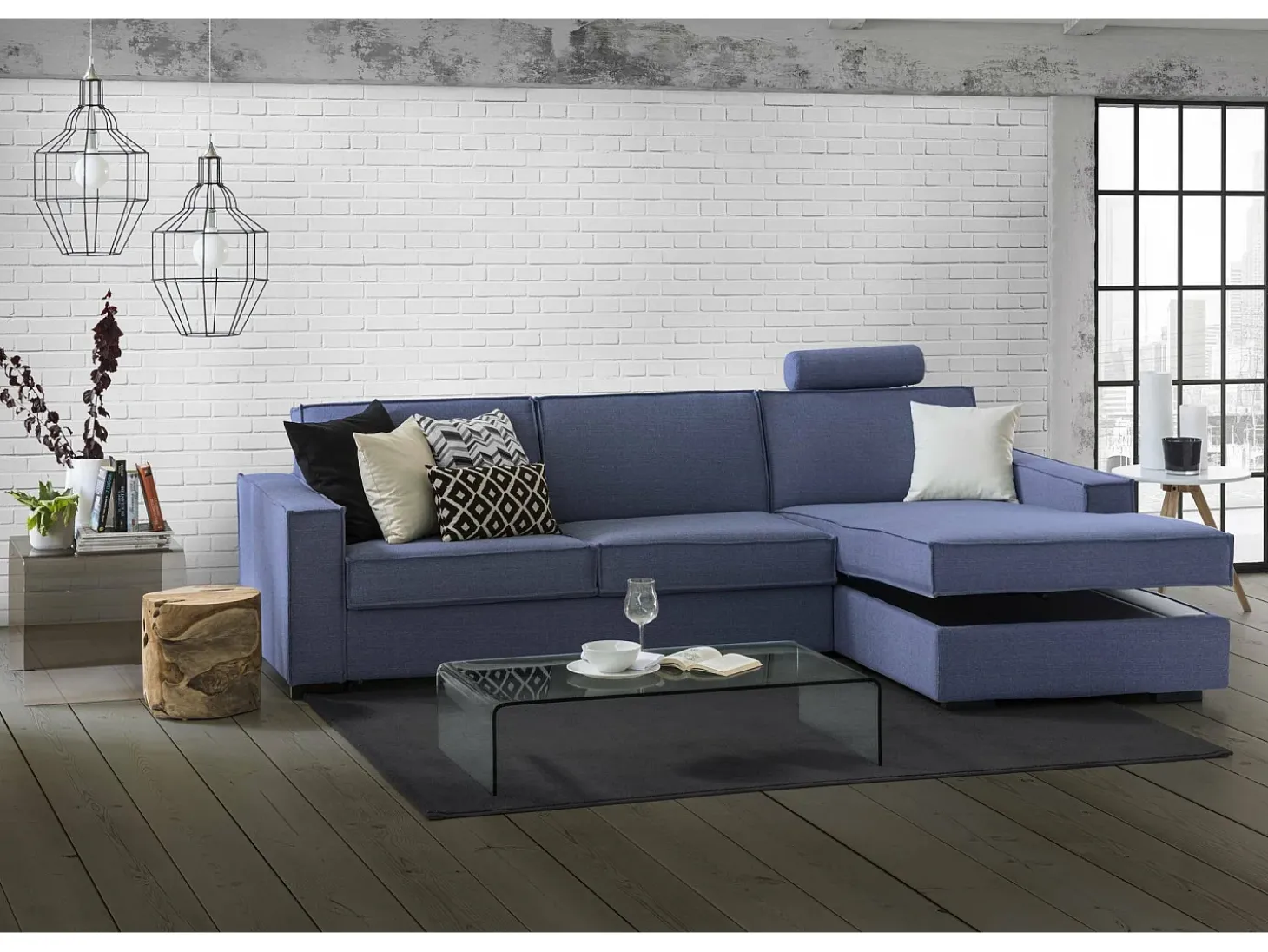 Sofá fixo Dgodea, Sofá de canto, 100% Fabricado na Itália, Sofá da sala com península direita de armazenamento, com braços finos, 260x95h90 cm, Azul