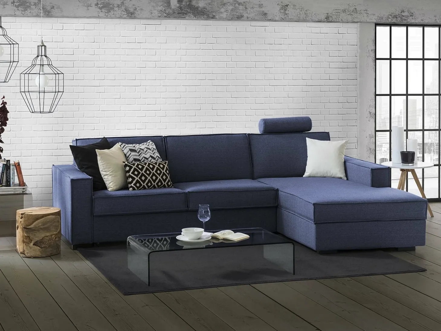 Sofá fixo Dgodea, Sofá de canto, 100% Fabricado na Itália, Sofá da sala com península direita de armazenamento, com braços finos, 260x95h90 cm, Azul