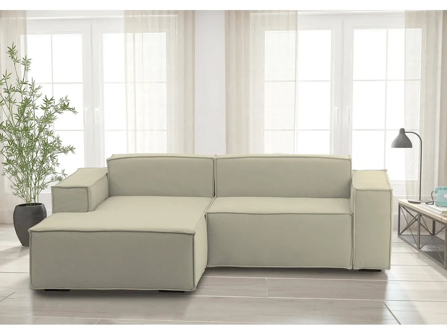 Sofá fixo Dkivil, sofá modular de 2 lugares com península esquerda, 100% Fabricado na Itália, Sofá de tecido moderno, 220x170h70 cm, Bege