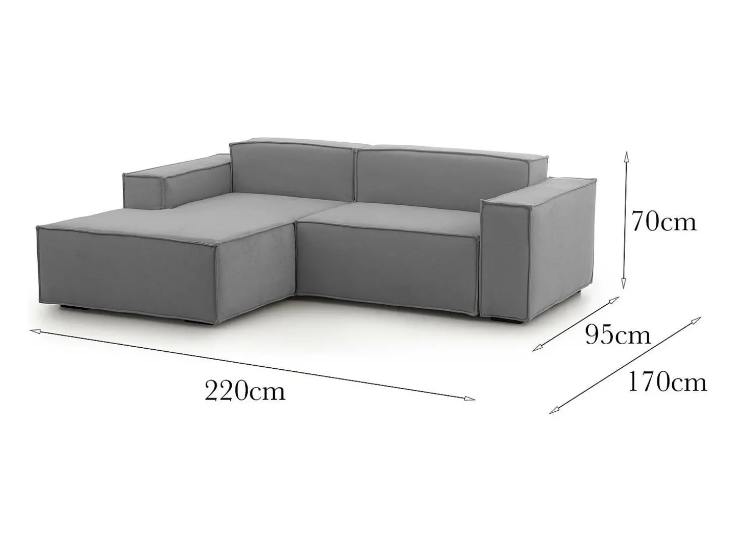 Sofá fixo Dkivil, sofá modular de 2 lugares com península esquerda, 100% Fabricado na Itália, Sofá de tecido moderno, 220x170h70 cm, Cinza