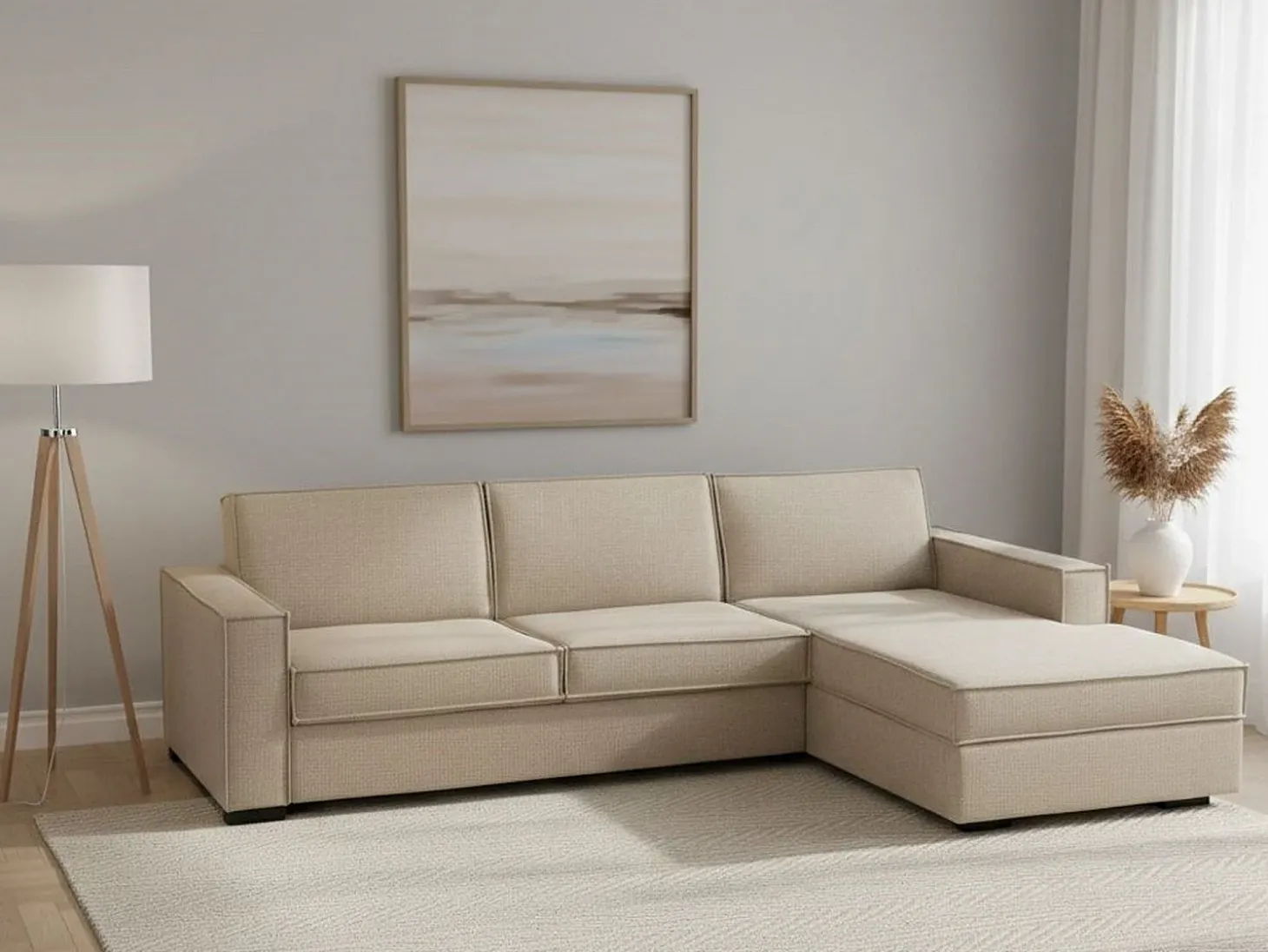 Sofá fixo Dkiyin, Sofá de canto, 100% Fabricado na Itália, Sofá da sala com península de contêiner direita, com braços padrão, 280x95h90 cm, Bege