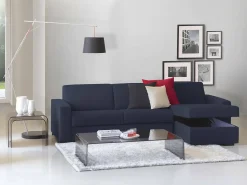 Sofá fixo Dland, Sofá de canto, 100% Made in Italy, Sofá de ala, com penínula de arrumação reverível, em tecido acolchoado, com braço tandard, 280x95h90 cm, Azul