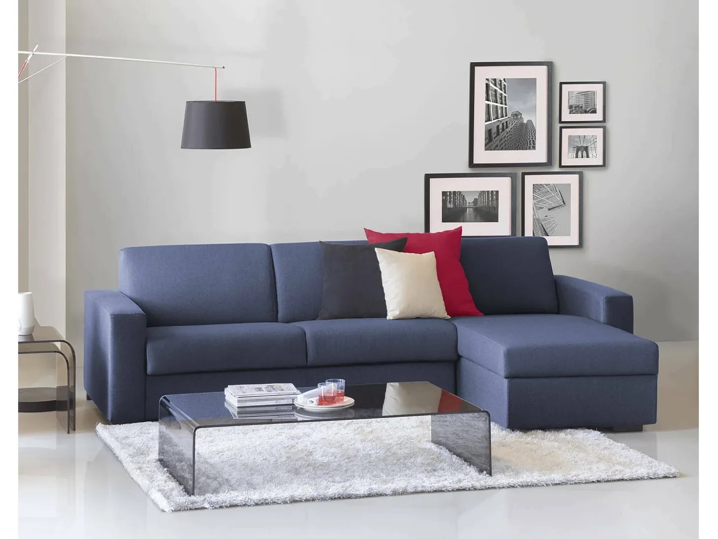 Sofá fixo Dland, Sofá de canto, 100% Made in Italy, Sofá de ala, com penínula de arrumação reverível, em tecido acolchoado, com braço tandard, 280x95h90 cm, Azul