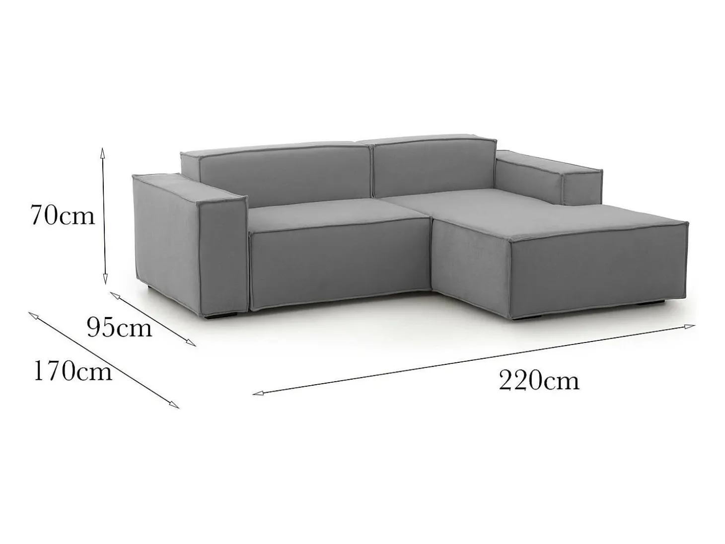 Sofá fixo Dlorenz, sofá modular de 2 lugares com península direita, 100% Fabricado na Itália, Sofá de tecido moderno, 220x170h70 cm, Cinza