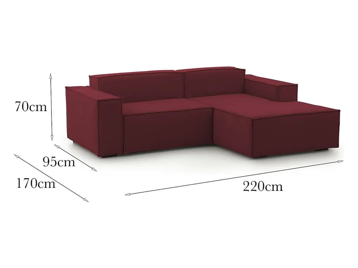 Sofá fixo Dlorenz, sofá modular de 2 lugares com península direita, 100% Fabricado na Itália, Sofá de tecido moderno, 220x170h70 cm, Vermelho